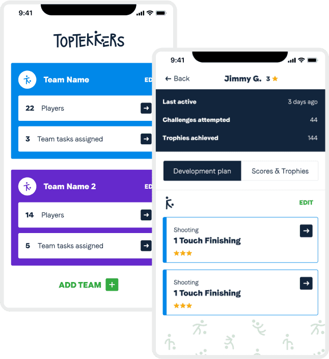 Mobile app views showing how coaches can monitor their teams and players whilst on the go.